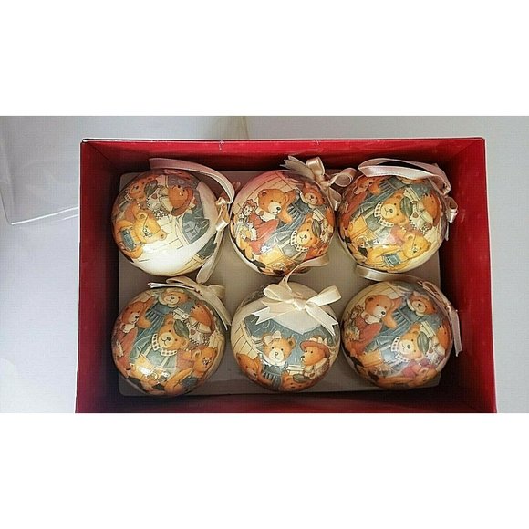 Teddy Bears 6 Ornaments Large Vintage Shatterproof Decoupage - Picture 2 of 2